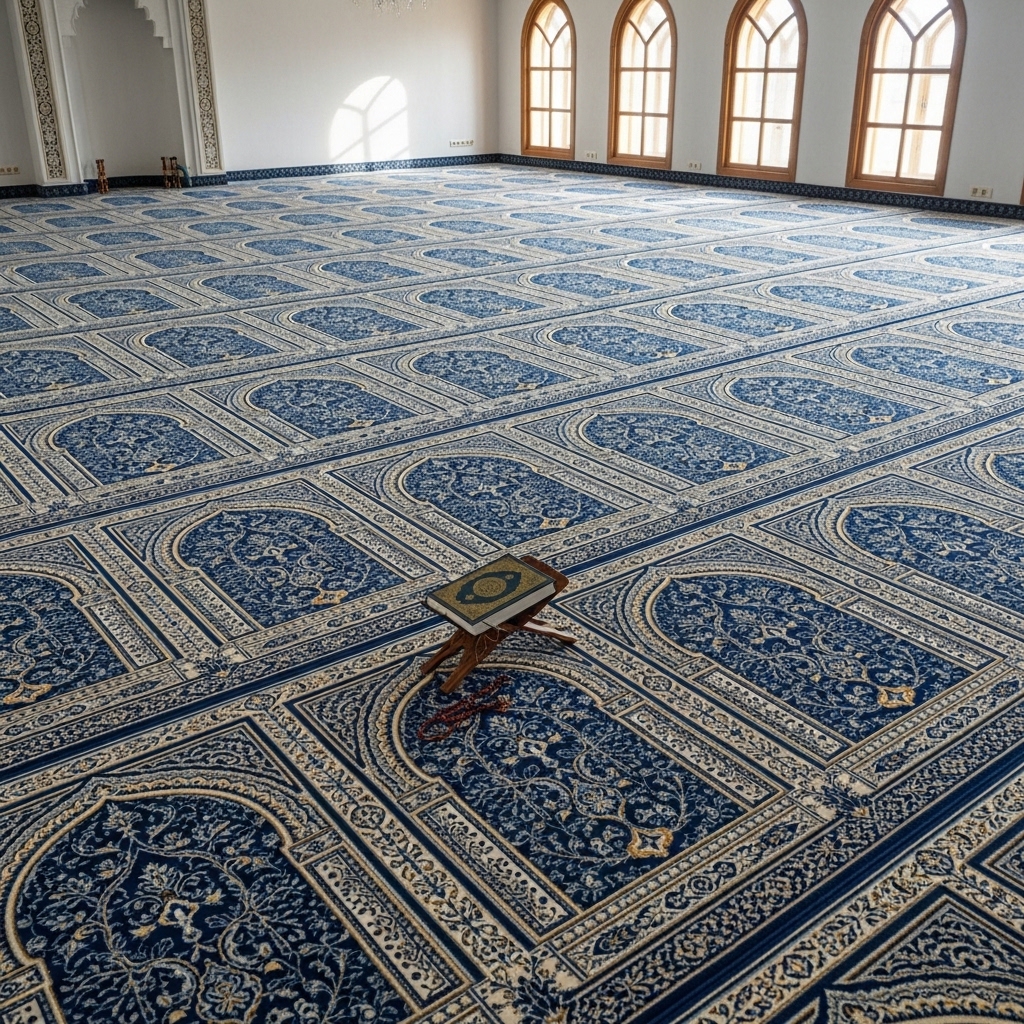 Blue mosque carpet with mehrab design for prayer hall