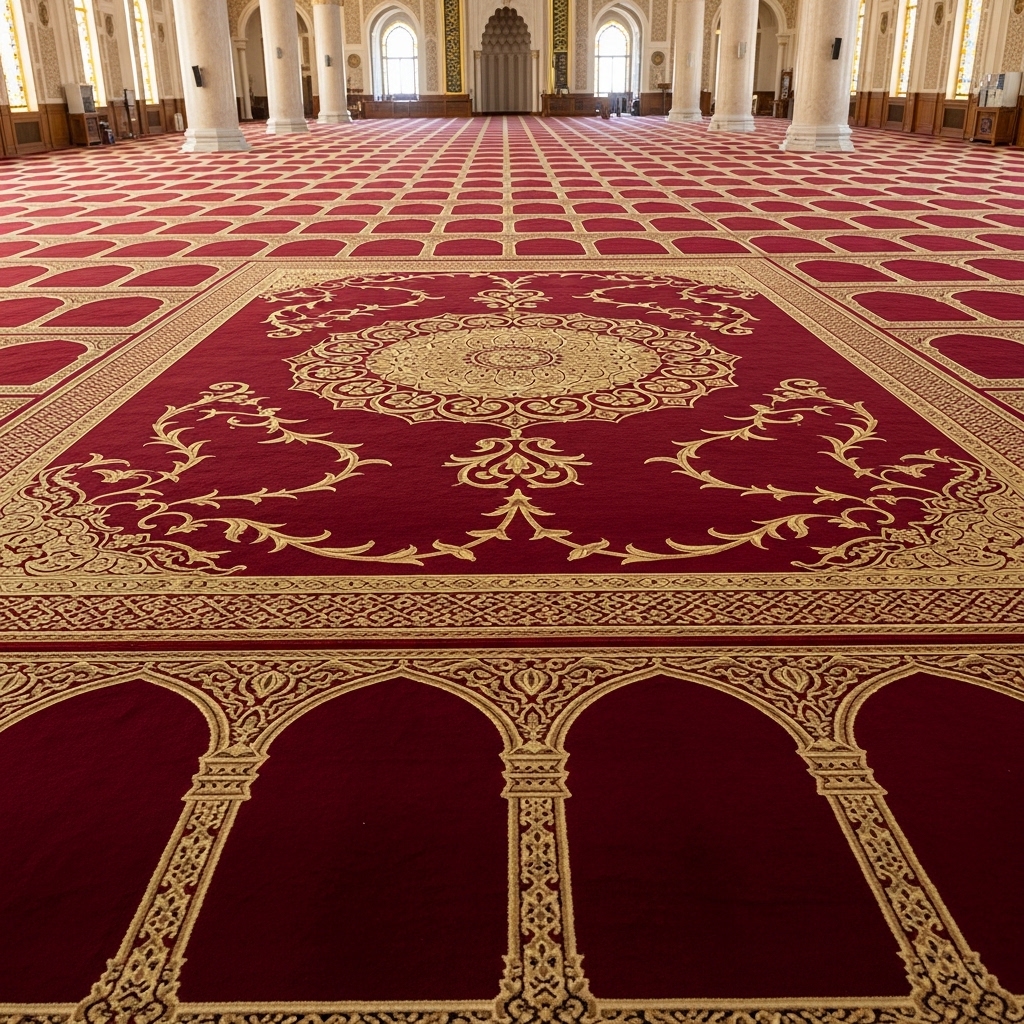 Maroon mosque carpet with mihrab prayer pattern