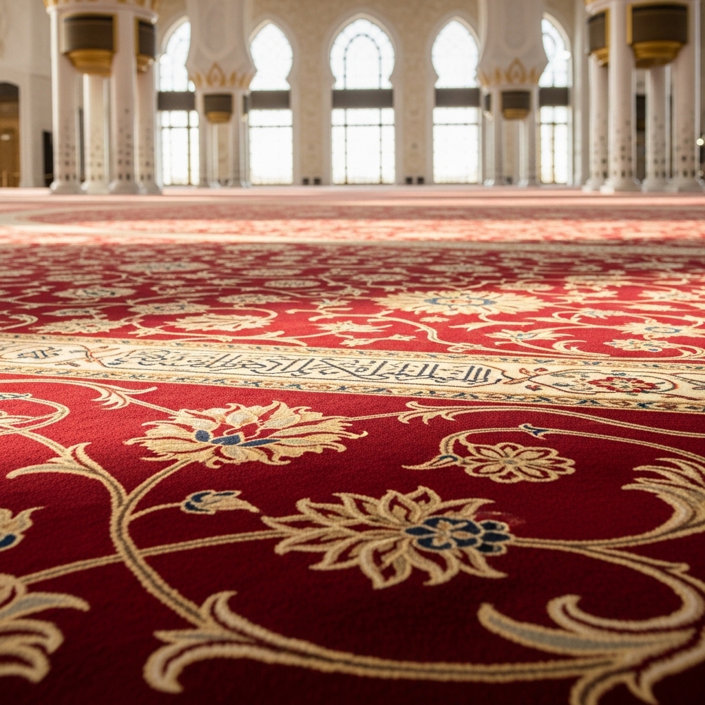 Red mosque carpet with mihrab prayer pattern
