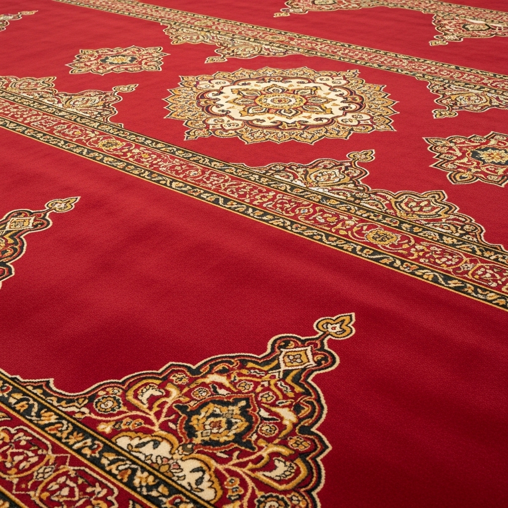 Red printed mosque carpet with Islamic pattern for prayer rows