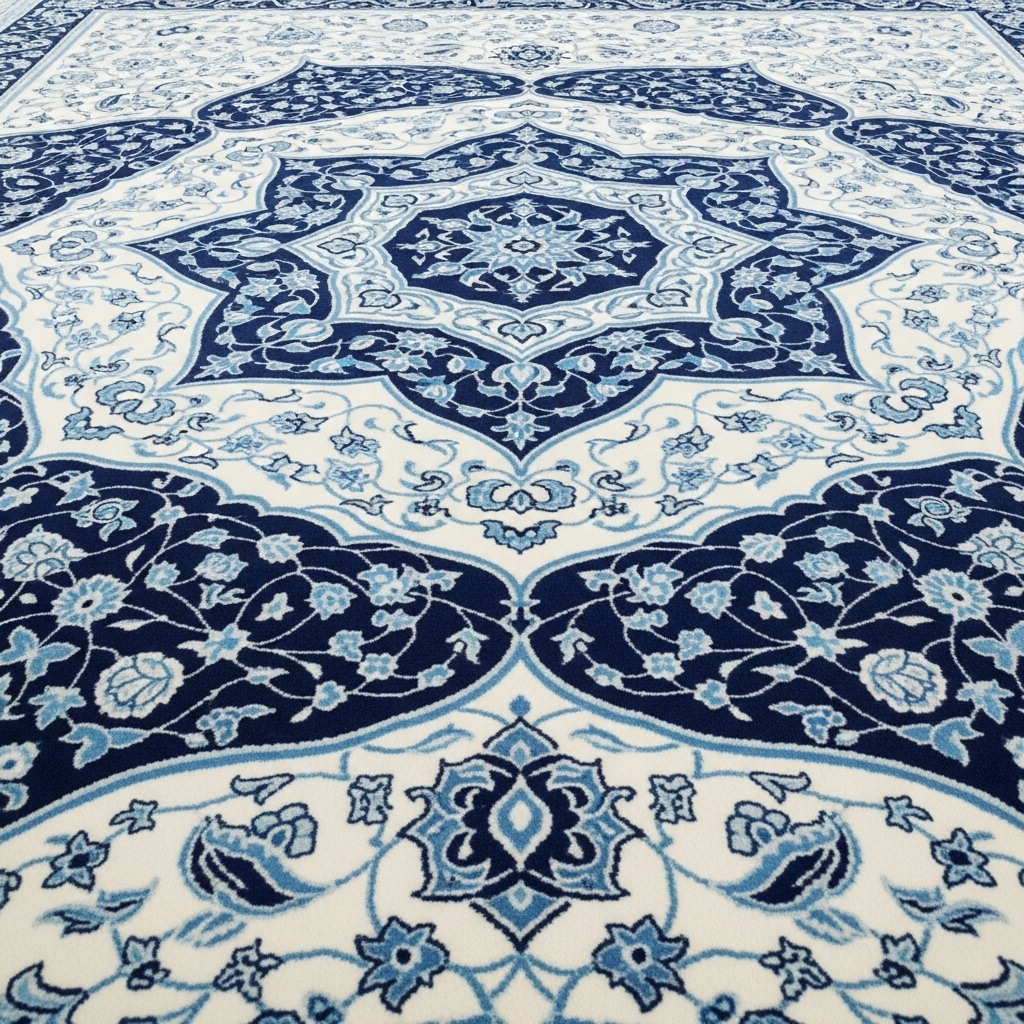 White blue printed mosque carpet with Islamic pattern for prayer rows